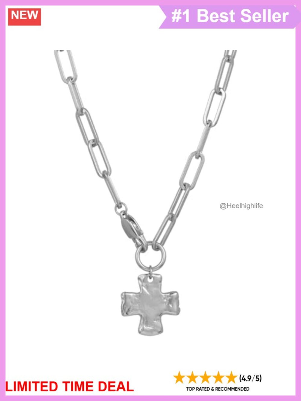 Silver Chunky Cross Pendant Necklace 20" Stainless Steel Waterproof Women